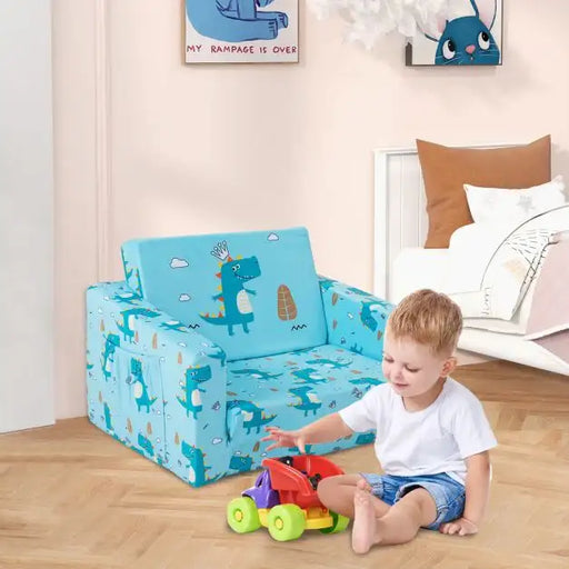 2-in-1 Convertible Toddler Sofa Blue | Dinosaur-Themed with Storage Pockets - Little and Giant Explorers Costway