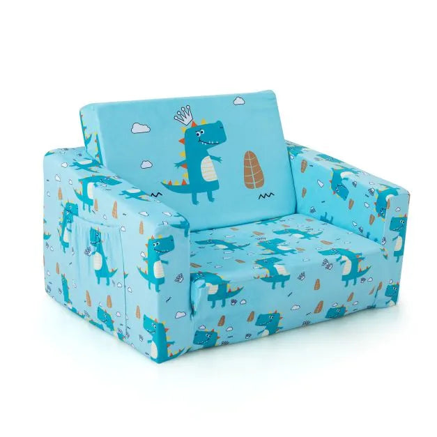 2-in-1 Convertible Toddler Sofa Blue | Dinosaur-Themed with Storage Pockets - Little and Giant Explorers Costway
