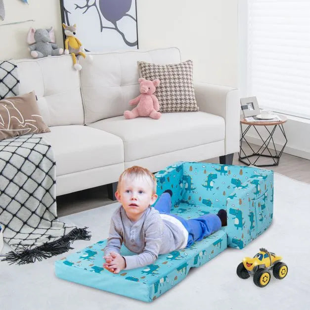 2-in-1 Convertible Toddler Sofa Blue | Dinosaur-Themed with Storage Pockets - Little and Giant Explorers Costway