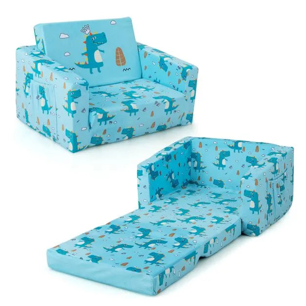 2-in-1 Convertible Toddler Sofa Blue | Dinosaur-Themed with Storage Pockets - Little and Giant Explorers Costway