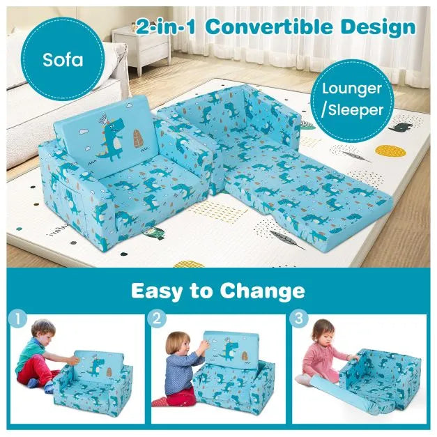 2-in-1 Convertible Toddler Sofa Blue | Dinosaur-Themed with Storage Pockets - Little and Giant Explorers Costway