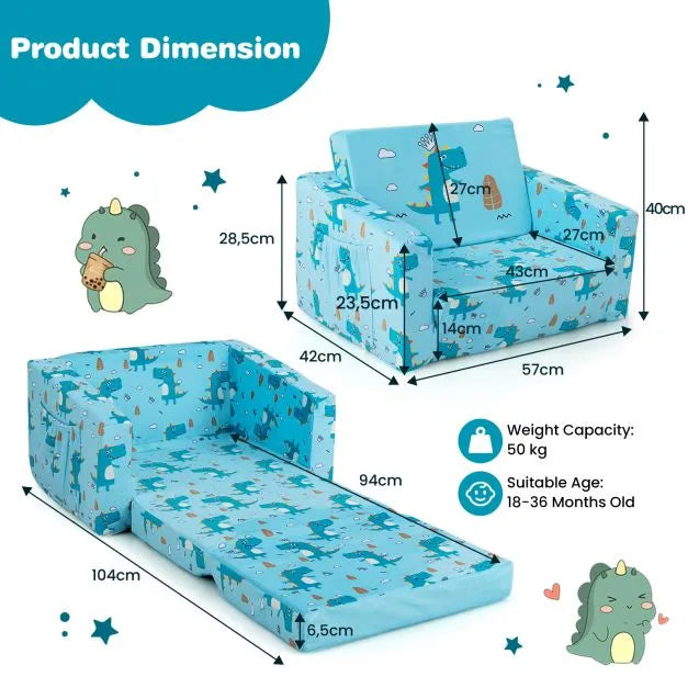 2-in-1 Convertible Toddler Sofa Blue | Dinosaur-Themed with Storage Pockets - Little and Giant Explorers Costway