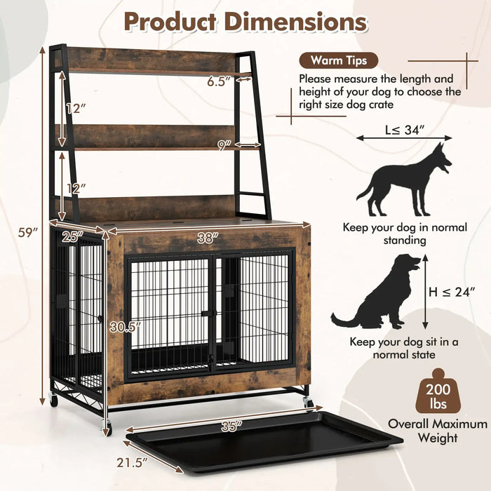 2-in-1 Dog Crate – Rustic Brown | Wooden Kennel - Storage, Flip-Top and Wheels COSTWAY - Little and Giant Explorers Costway