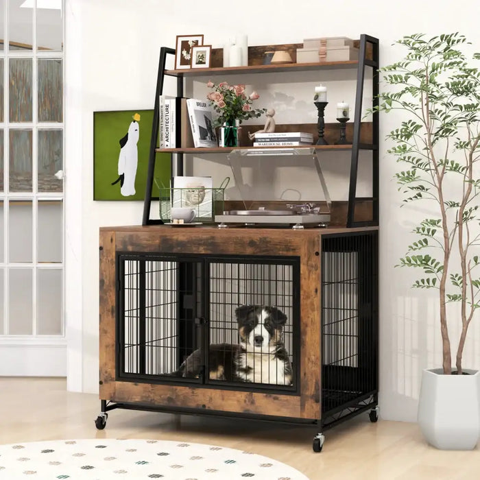 2-in-1 Dog Crate – Rustic Brown | Wooden Kennel - Storage, Flip-Top and Wheels COSTWAY - Little and Giant Explorers Costway