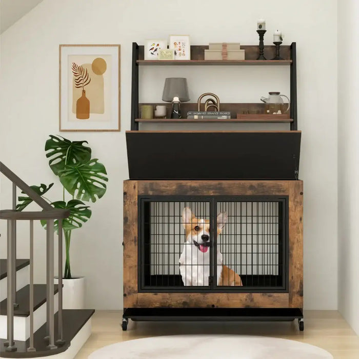 2-in-1 Dog Crate – Rustic Brown | Wooden Kennel - Storage, Flip-Top and Wheels COSTWAY - Little and Giant Explorers Costway