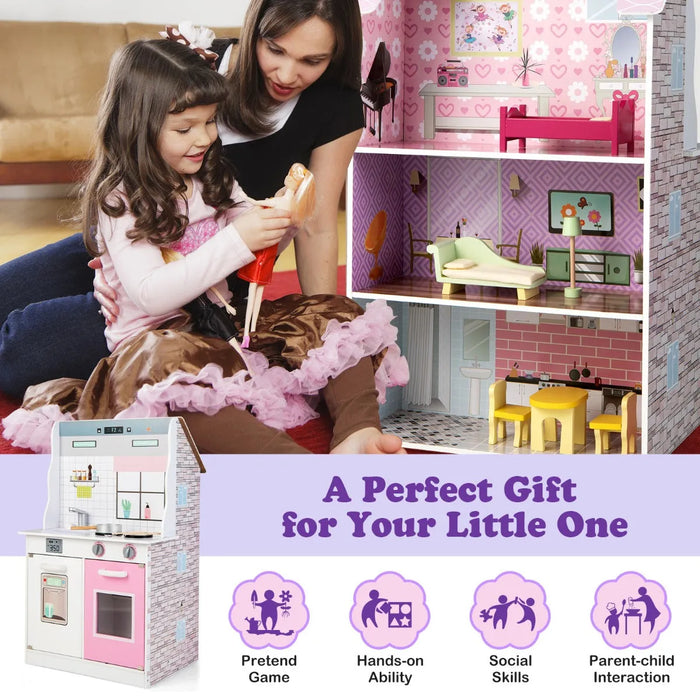 2-In-1 Dollhouse and Kitchen Playset with 9 Accessories - Little and Giant Explorers Costway