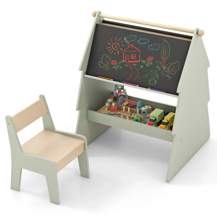 2-in-1 Double-Sided Kids Art Easel - Green | Stool and Paper Roll Holder COSTWAY - Little and Giant Explorers Costway