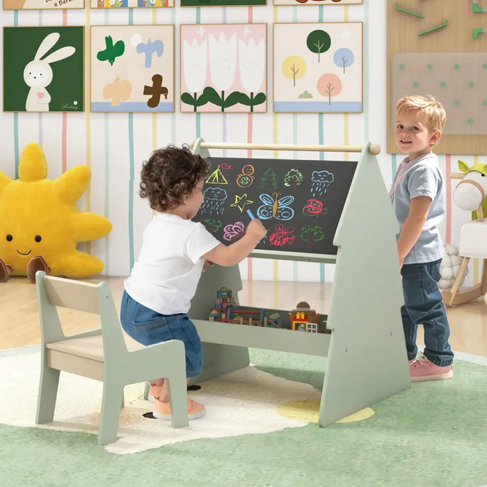2-in-1 Double-Sided Kids Art Easel - Green | Stool and Paper Roll Holder COSTWAY - Little and Giant Explorers Costway