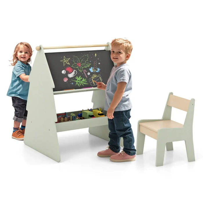 2-in-1 Double-Sided Kids Art Easel - Green | Stool and Paper Roll Holder COSTWAY - Little and Giant Explorers Costway