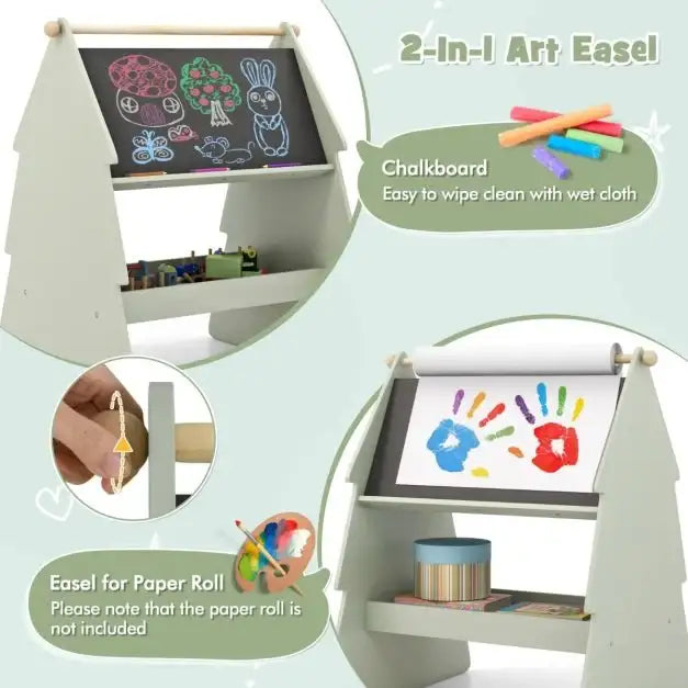 2-in-1 Double-Sided Kids Art Easel - Green | Stool and Paper Roll Holder COSTWAY - Little and Giant Explorers Costway