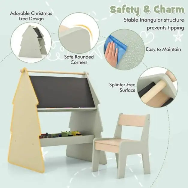 2-in-1 Double-Sided Kids Art Easel - Green | Stool and Paper Roll Holder COSTWAY - Little and Giant Explorers Costway