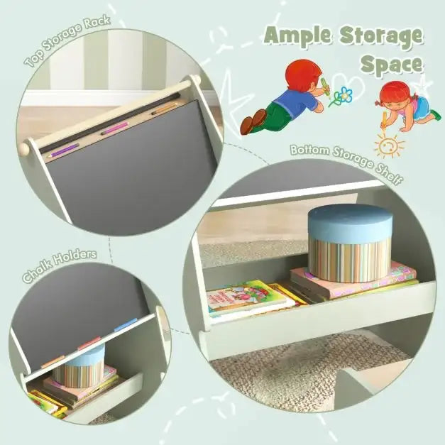 2-in-1 Double-Sided Kids Art Easel - Green | Stool and Paper Roll Holder COSTWAY - Little and Giant Explorers Costway