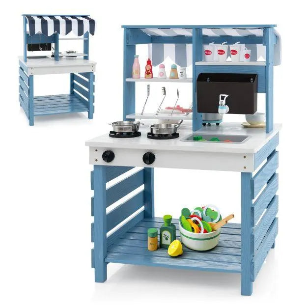 Blue and white double-sided kids mud kitchen with striped canopy and play kitchen accessories