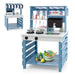 Blue and white double-sided kids mud kitchen with striped canopy and play kitchen accessories