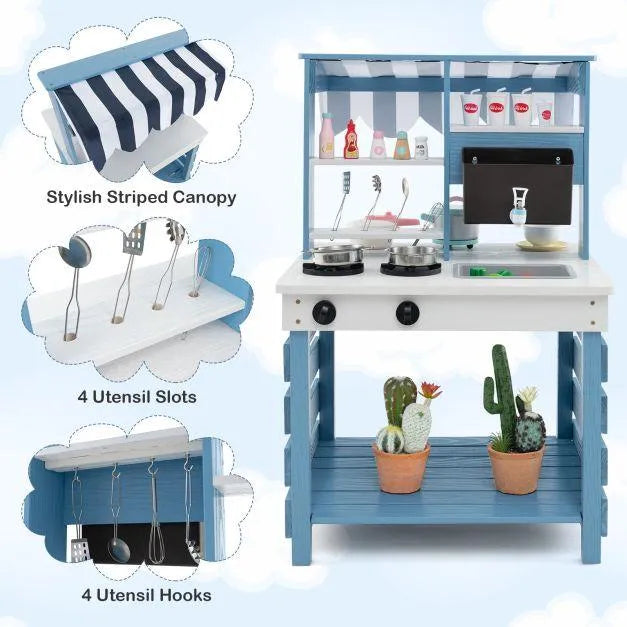 Blue double-sided mud kitchen with striped canopy, utensil slots, hooks, and accessories.
