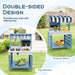 Double-sided blue mud kitchen with fabric canopy, play kitchen and grocery stand outdoors.