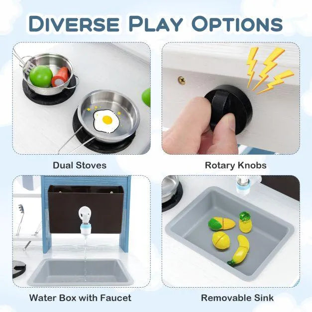 Kids mud kitchen with dual stoves, rotary knobs, water box with faucet, and removable sink.