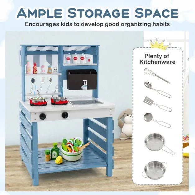 Blue double-sided kids mud kitchen set with canopy, toy kitchenware, and ample storage space.