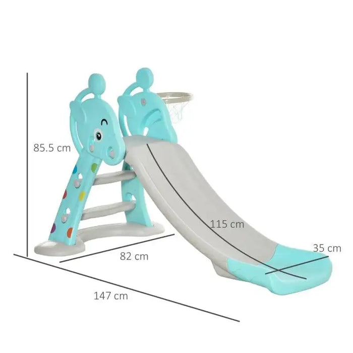 Blue and gray foldable kids slide with basketball hoop, stability base, and size dimensions