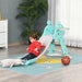 Toddler on blue foldable kids slide with basketball hoop in indoor playroom