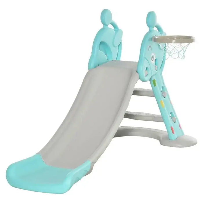 2-in-1 foldable kids slide with basketball hoop, pastel blue and gray, sturdy indoor toy