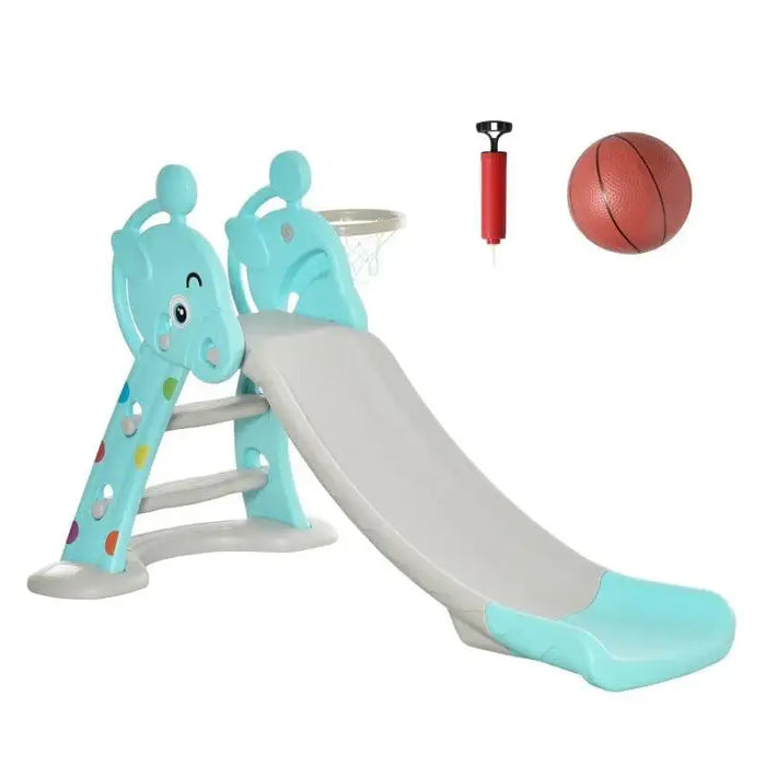 2-in-1 kids slide with blue elephant design, basketball hoop, ball, and pump