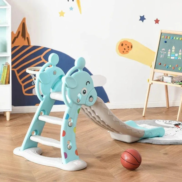 2-in-1 foldable kids slide with basketball hoop in a colorful playroom setting