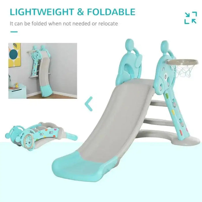 Foldable kids slide with basketball hoop in light blue, shown unfolded and folded for storage.