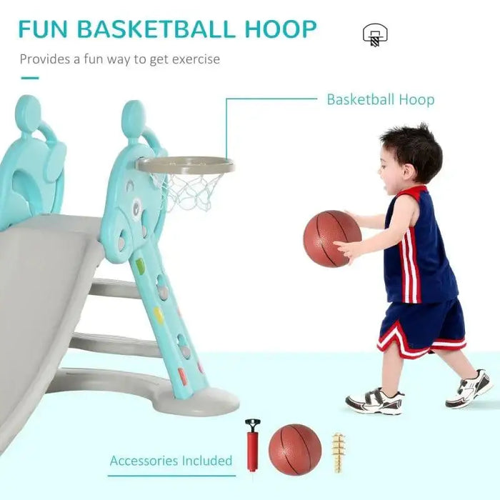 Toddler playing with 2-in-1 foldable kids slide and basketball hoop indoor toy set.
