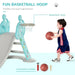 Toddler playing with 2-in-1 foldable kids slide and basketball hoop indoor toy set.