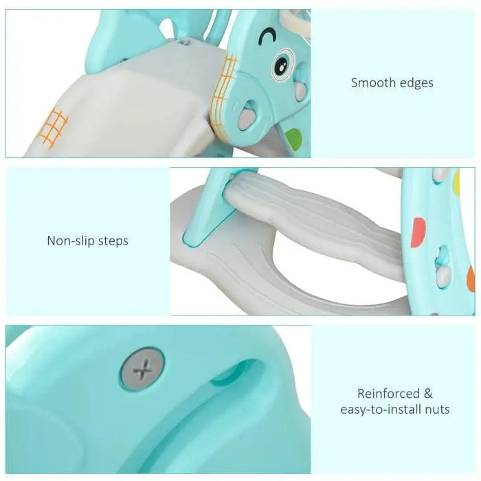 Detail of blue foldable kids slide with non-slip steps, smooth edges, and reinforced nuts