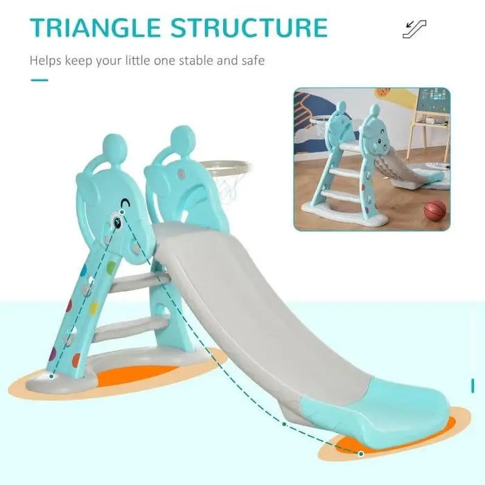 Blue and grey foldable kids slide with basketball hoop and sturdy triangular structure