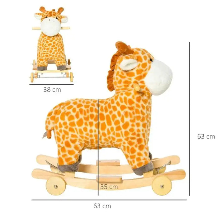 Yellow plush 2-in-1 giraffe rocking horse with wheels, animal sounds, and visible size dimensions
