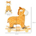 Yellow plush 2-in-1 giraffe rocking horse with wheels, animal sounds, and visible size dimensions