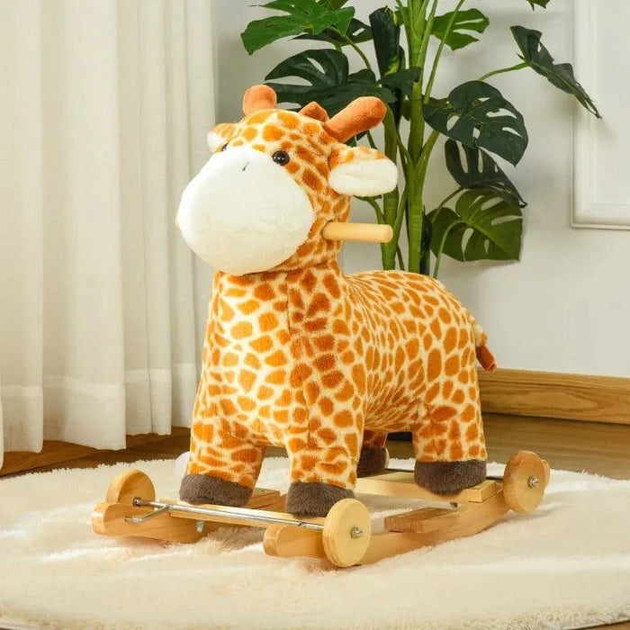 Yellow plush giraffe 2-in-1 rocking horse with wheels in a cozy room on a white rug