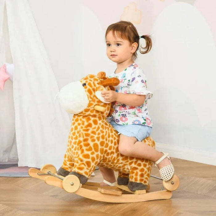Toddler riding yellow plush giraffe 2-in-1 rocking horse with wheels indoors