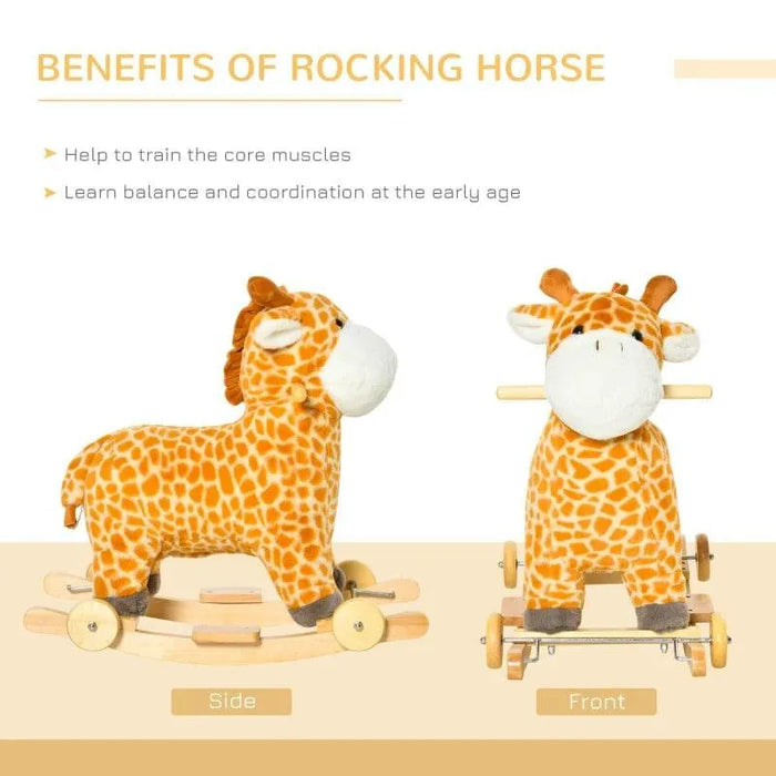 Yellow plush giraffe 2-in-1 rocking horse and glider toy for toddlers, side and front view