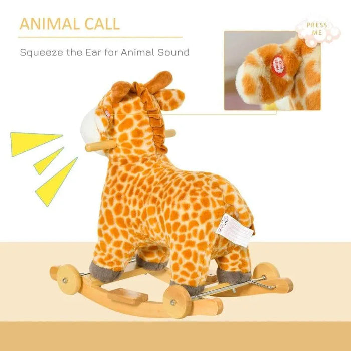Yellow giraffe plush rocking horse with wheels, animal sound feature, wooden base