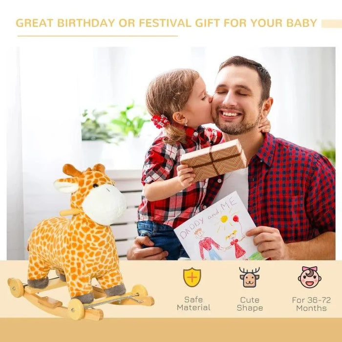 Yellow plush giraffe 2-in-1 rocking horse with wheels, featured as birthday gift for kids