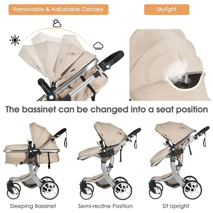 Beige baby stroller with adjustable canopy and bassinet features on a white background