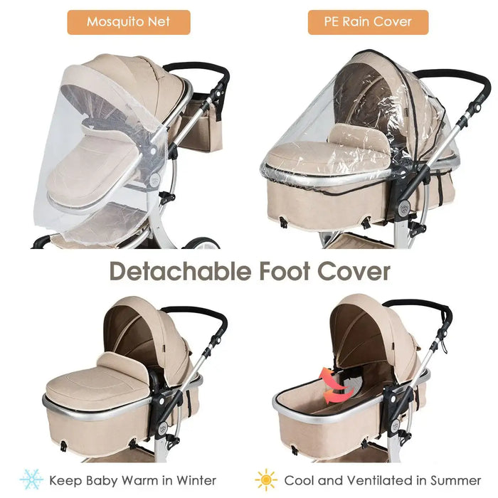 Beige baby stroller with mosquito net, PE rain cover, and detachable foot cover on a white background.
