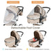 Beige baby stroller with mosquito net, PE rain cover, and detachable foot cover on a white background.