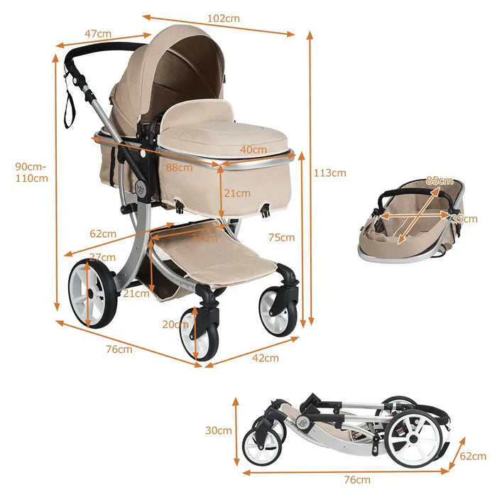Beige baby stroller with dimensions labeled on a white background