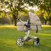 Beige baby stroller with canopy on a grassy field with trees in the background