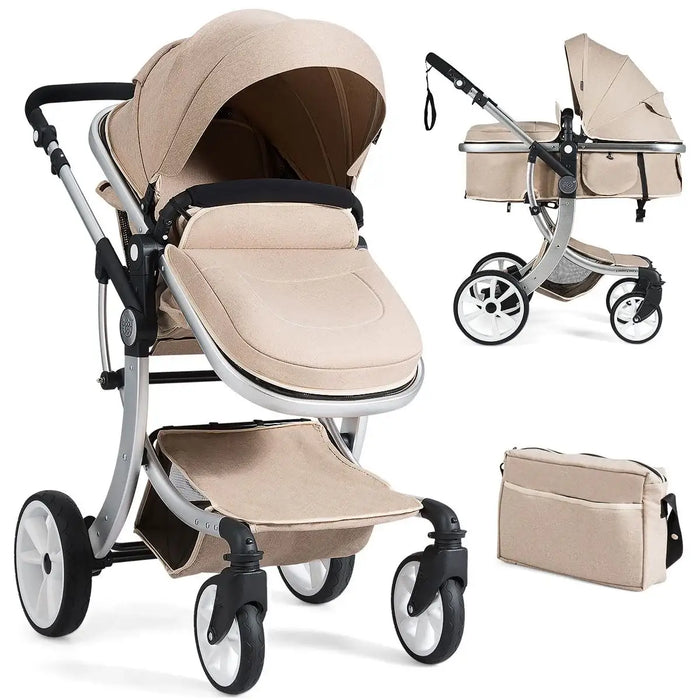 Beige baby stroller with accessories on a white background