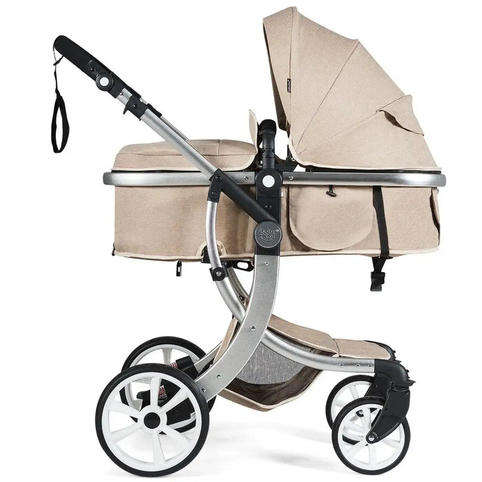 Beige baby stroller with silver frame on a white background