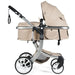 Beige baby stroller with silver frame on a white background