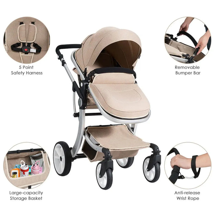 Beige baby stroller with features highlighted on a white background