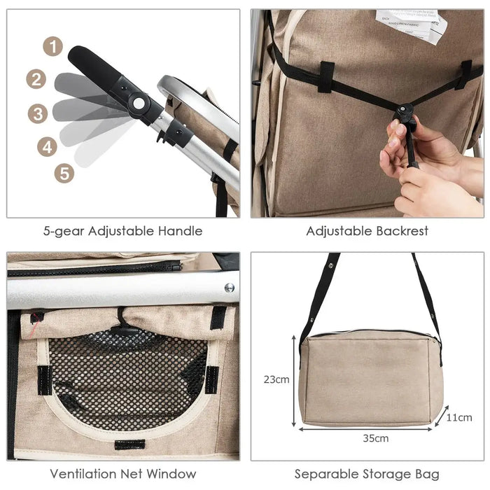 Product features of a travel bag with adjustable handle, backrest, ventilation net window, and separable storage bag.