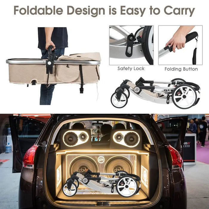 Foldable baby stroller with safety lock and folding button features, shown in use and in a car trunk.